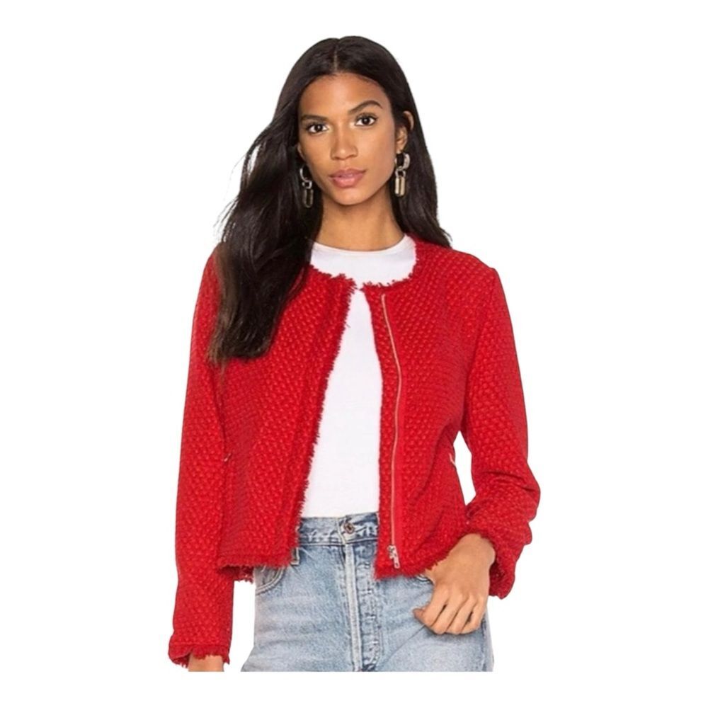BB Dakota Feeling Fancy Red Tweed Zip Front Collarless Jacket Blazer Size Small